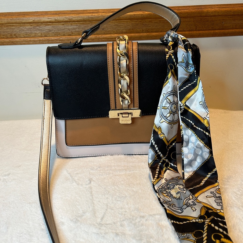 Aldo Black and Tan Handbag with Scarf